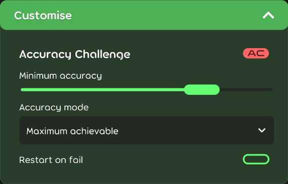 Accuracy Challenge customisation options in the game client