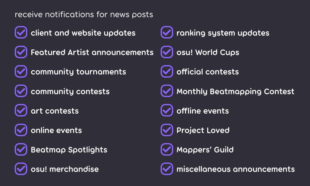 News post notification category listing on the website's account settings page